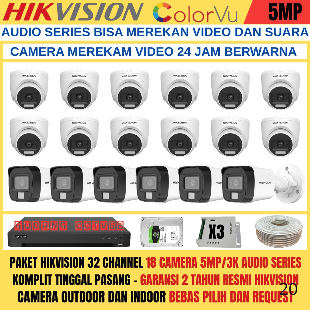 PAKET CCTV HIKVISION DVR 32 CHANNEL 18 CAMERA HIKVISION 5MP FULL COLOUR 3K COLORVU AUDIO SERIES