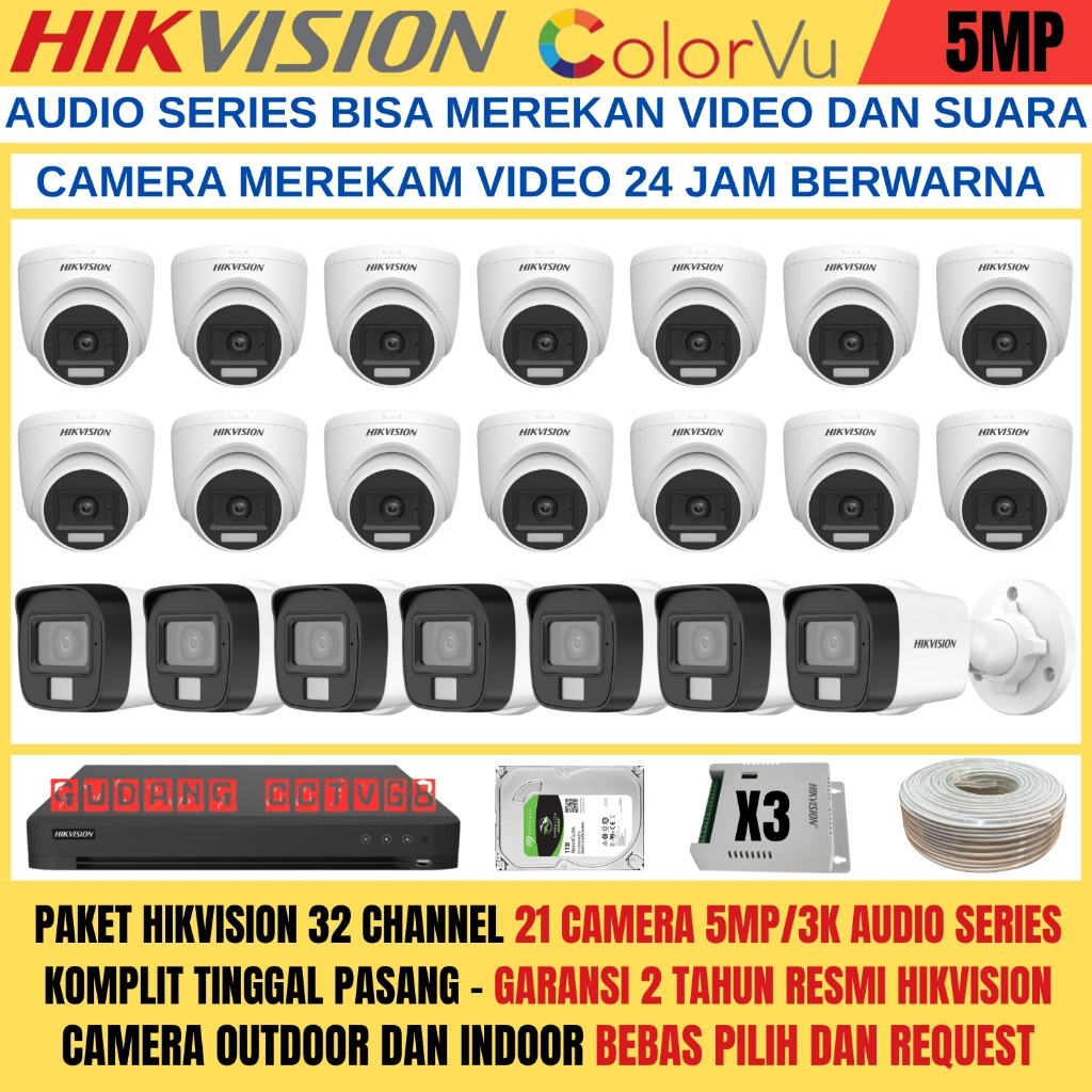 PAKET CCTV HIKVISION DVR 32 CHANNEL 21 KAMERA HIKVISION 5MP FULL COLOUR 3K COLORVU AUDIO SERIES