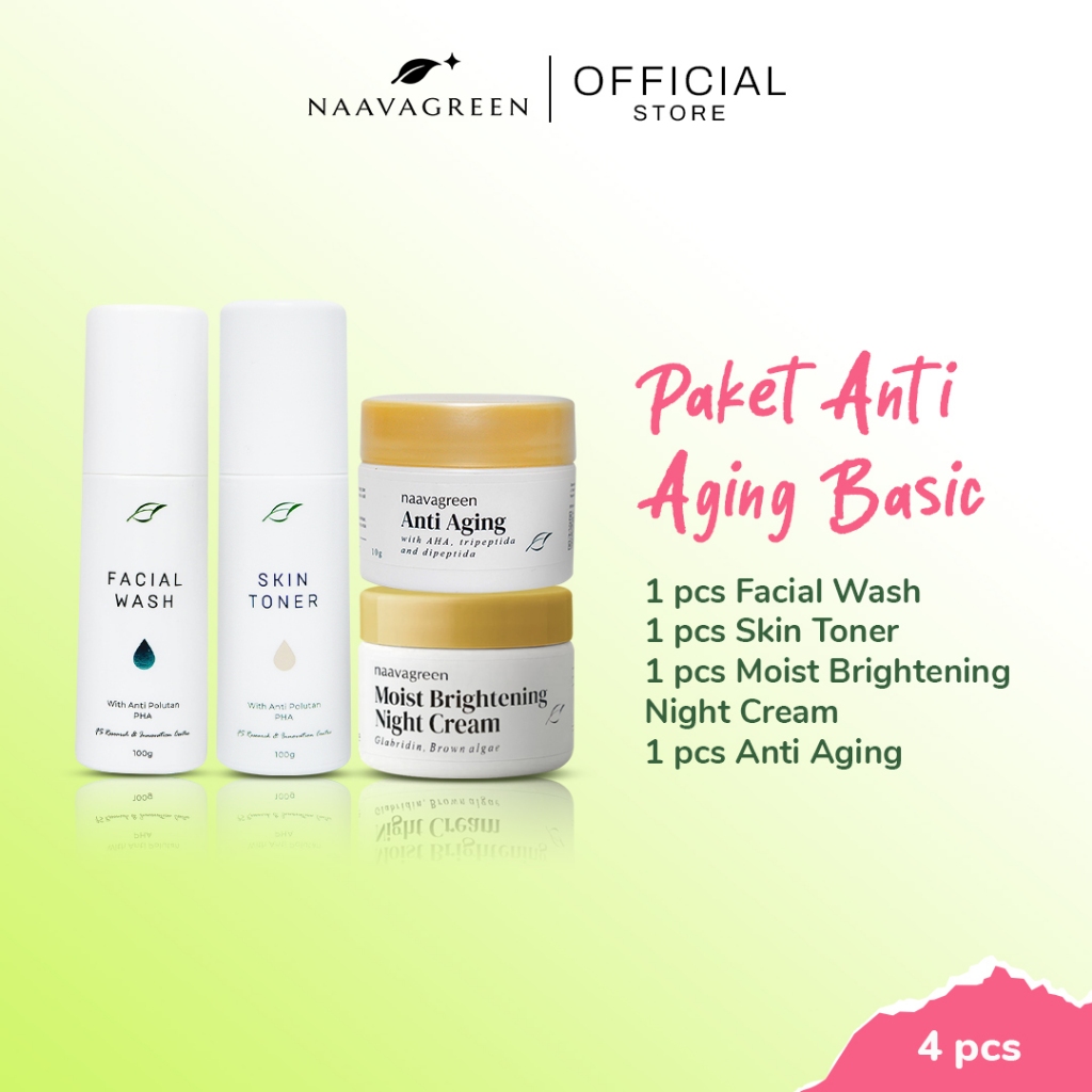 NAAVAGREEN Paket Anti Aging Basic - 4 Produk: Facial Wash, Skin Toner, Anti Aging Cream, & Moist Bri