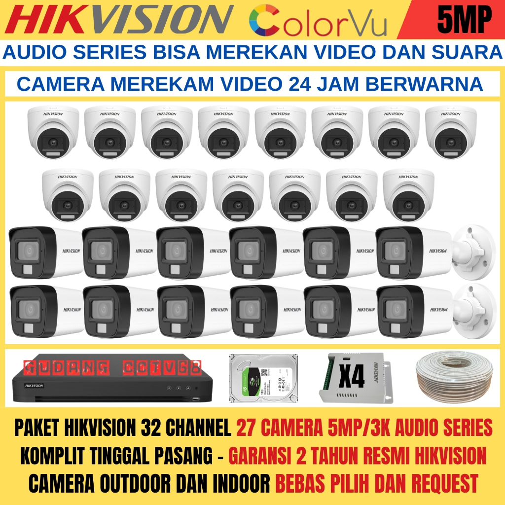 PAKET CCTV HIKVISION DVR 32 CHANNEL 27 KAMERA HIKVISION 5MP FULL COLOUR 3K COLORVU AUDIO SERIES