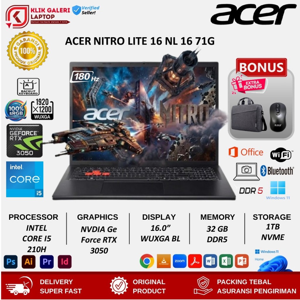 Acer Nitro Lite NL16-71G-5613 Intel Core 5 210H 16GB SSD 512GB 16 RTX3050 16.0 WUXGA BL 180Hz Win11+