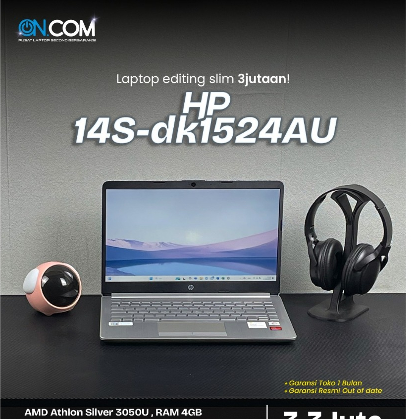 HP 14s-dk1524AU/AMD Athlon Silver 3050U/RAM 4 GB/SSD 512 GB/Garansi Toko 1 Bulan