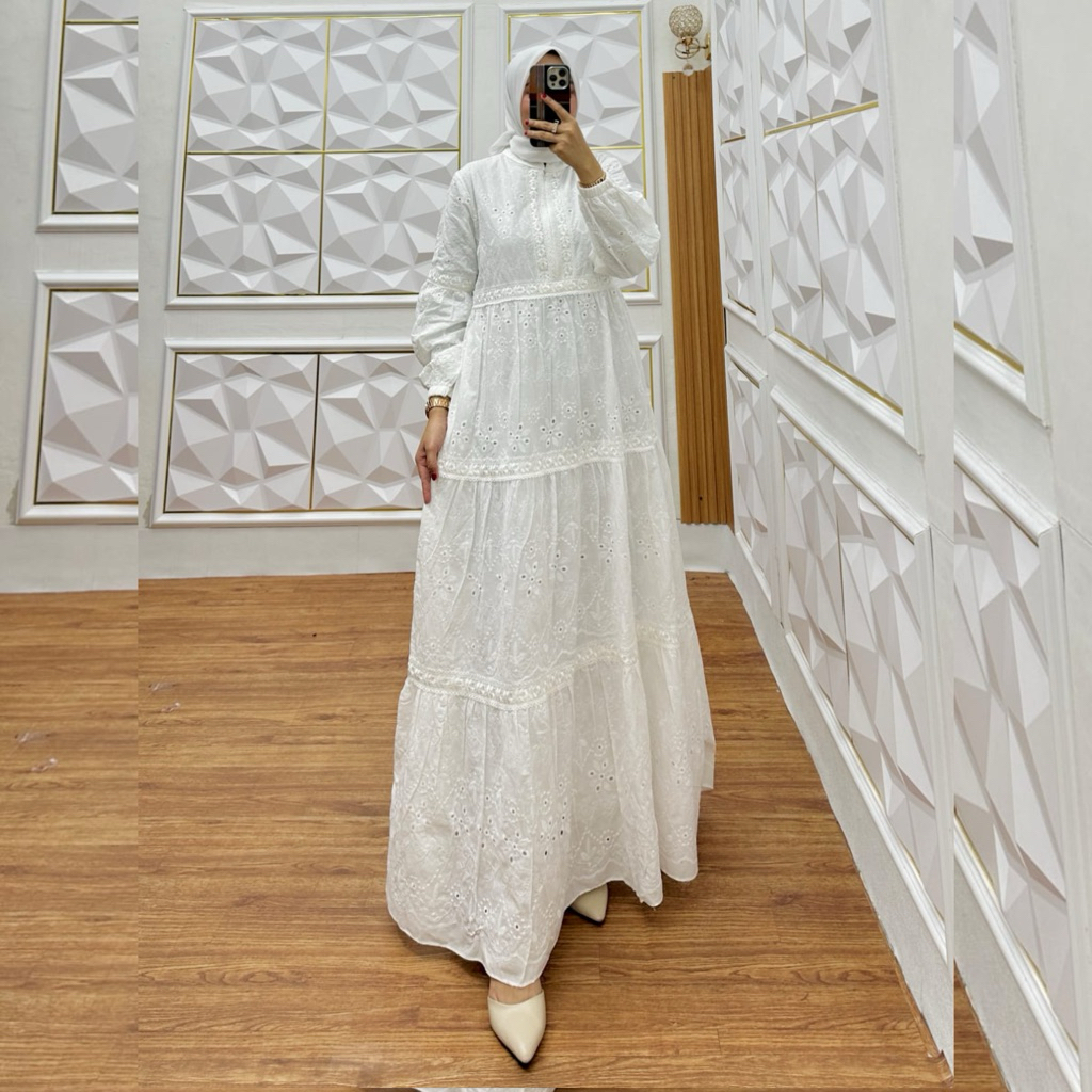 RAYA DRESS in harmony Gamis Katun Bordir Premium Katbol Katun Bolong HITAM PUTIH dengan Desain Elega