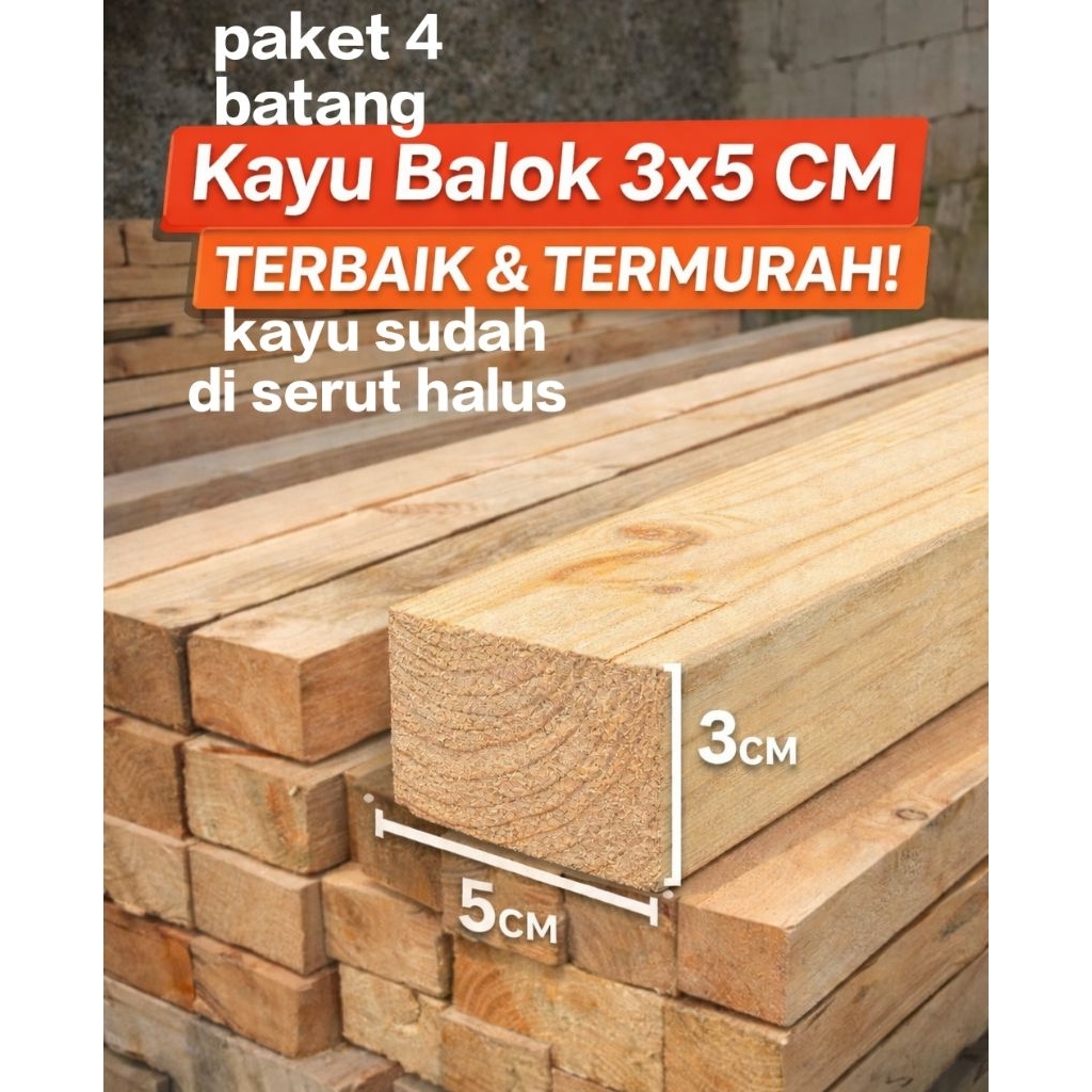 Kayu Balok Sengon Albasia 3x5 cm – Paket 4 Batang – Halus Diserut – Kuat & Ringan (100/80/50 cm)