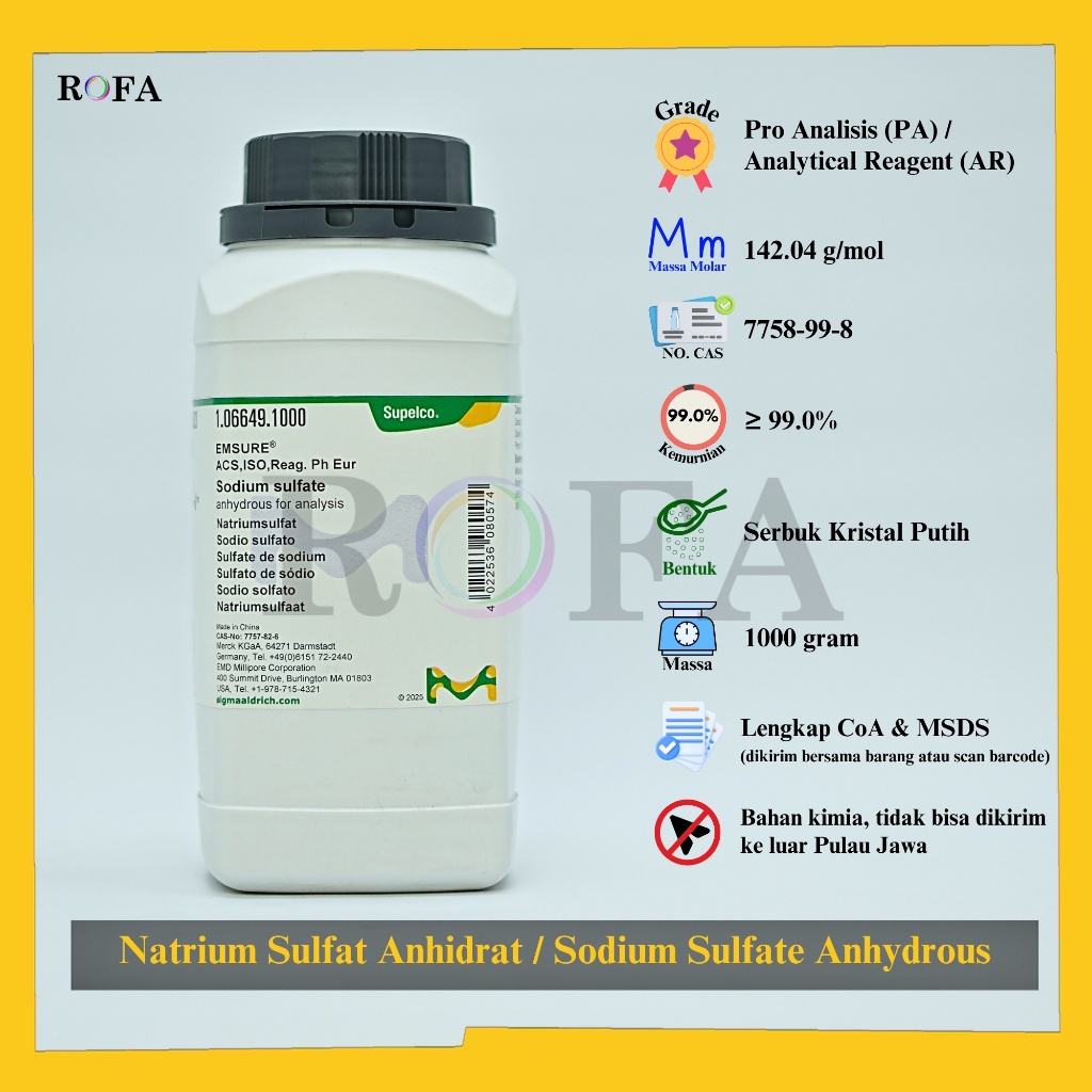 Natrium Sulfat Anhidrat / Sodium Sulfate Anhydrous / Na2SO4 Pro Analisis 500 - 1000 Gram
