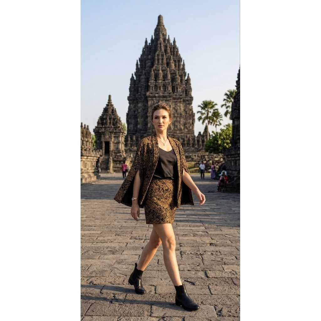 Setelan Batik Elegant Blazer Cape + Skort Motif Sogan Peache