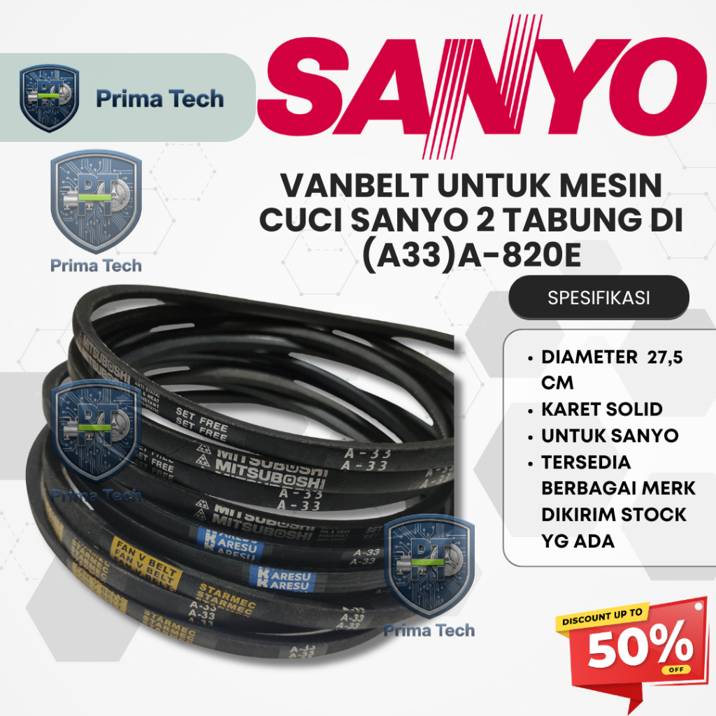 Vanbelt A33 Mesin Cuci Sanyo Sharp 2 Tabung Fan Belt Panbel Fanbelt A 33 A-820E
