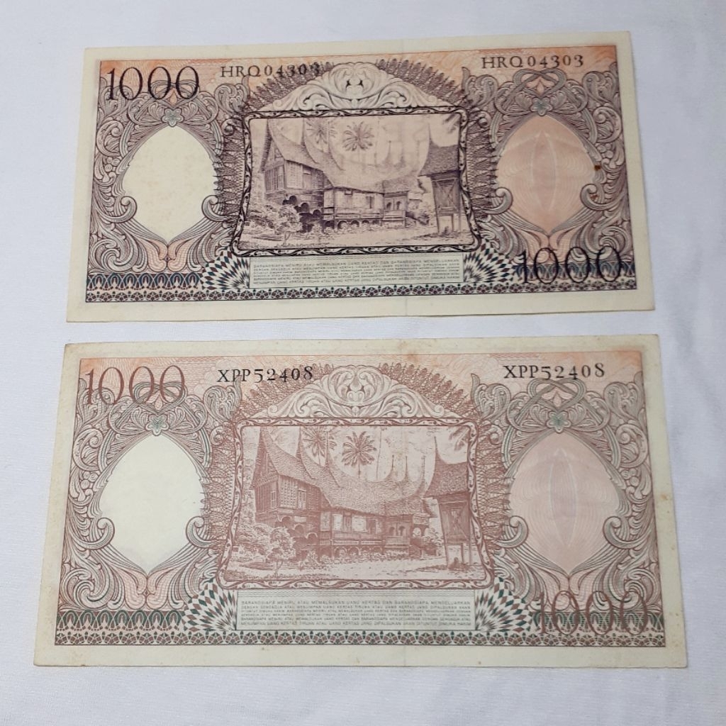 uang kuno indonesia pecahan 1000rp seri pekerja ungu dan coklat tahun 1958