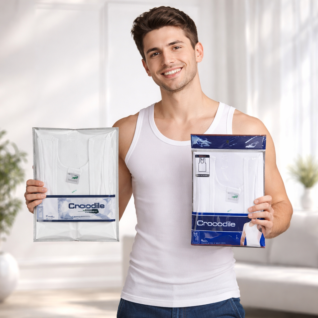 ( 6 Pcs ) Singlet Salur Putih Crocodile 801 V || Kaos Dalam Crocodile 801-V | Singlet Pria Dewasa Pu