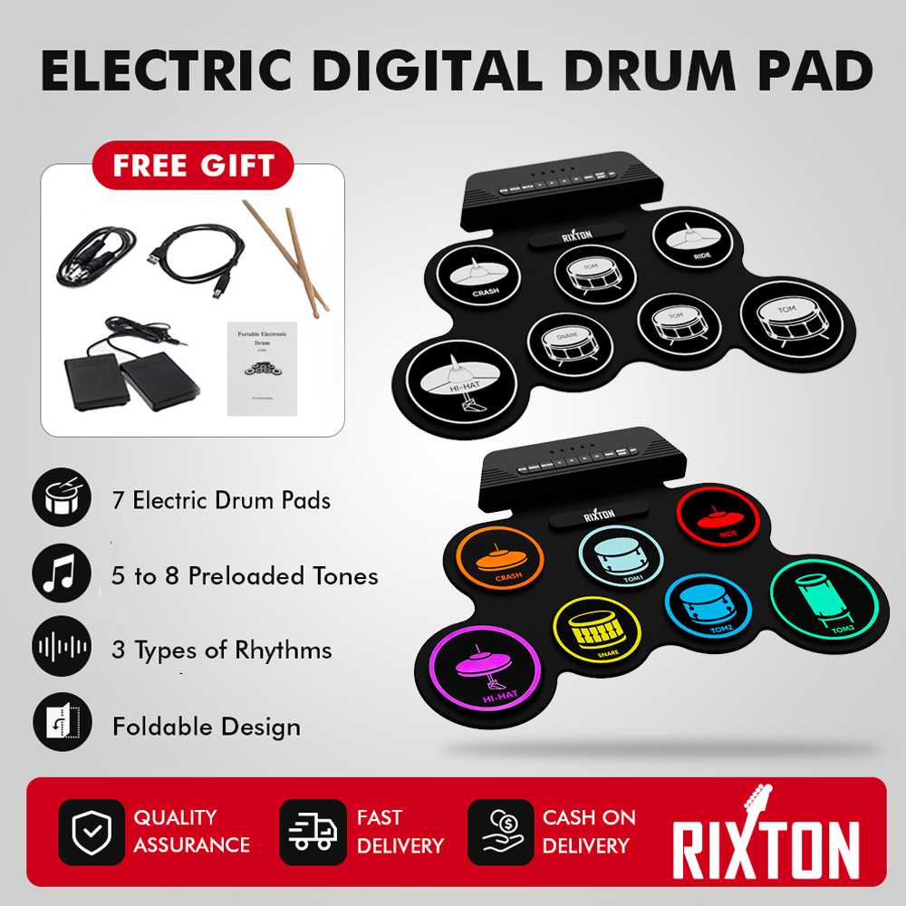RIXTON Drum Elektronik Portabel Digital USB 7 Bantalan Roll up Drum Set Silicone Electric Drum Pad K