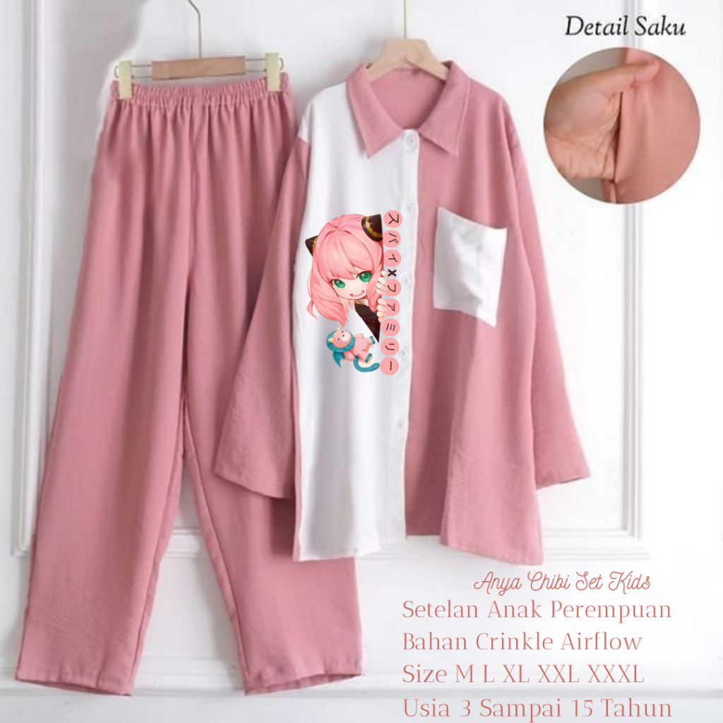 Setcel Anya Chibi Anak Perempuan Matterial Crinkle Airflow Usia 3-15 Tahun