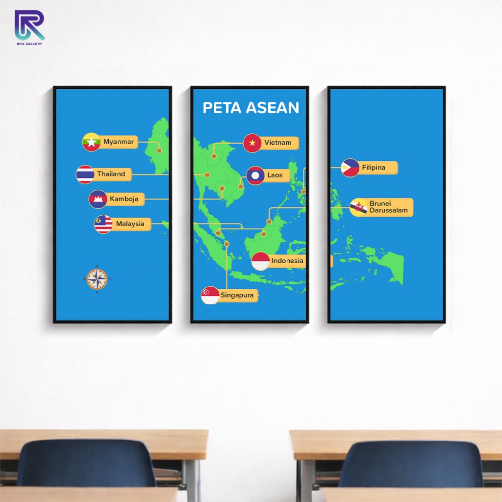 RHA GALLERY Poster Frame Edukasi Anak Peta ASEAN Set 3 Frame Dekorasi Kelas Sekolah HD