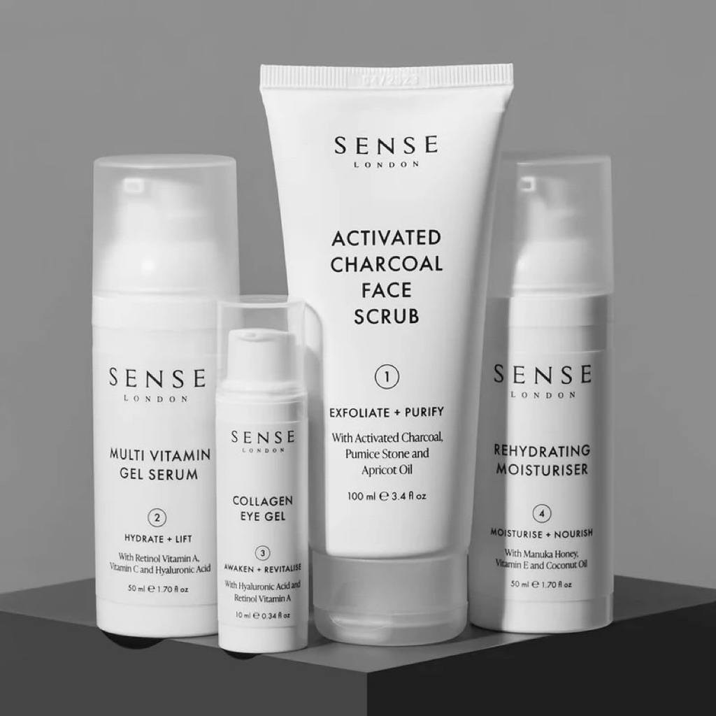 Sense London Skincare Set 4in1 – Charcoal Face Scrub, Serum, Eye Gel & Moisturizer Original