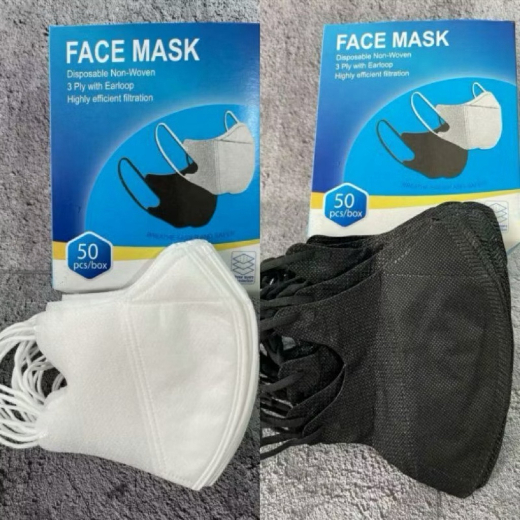 Masker Duckbill 3Ply Isi 50Pcs Mask Earloop Hitam Putih Protective Mask