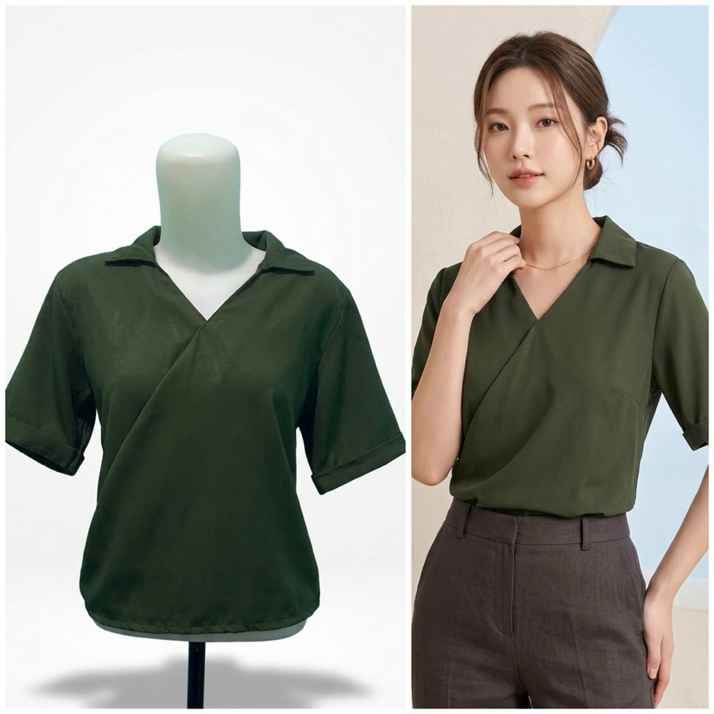 Baju Atasan Wanita Lengan Pendek Model Kerah V Hijau Army