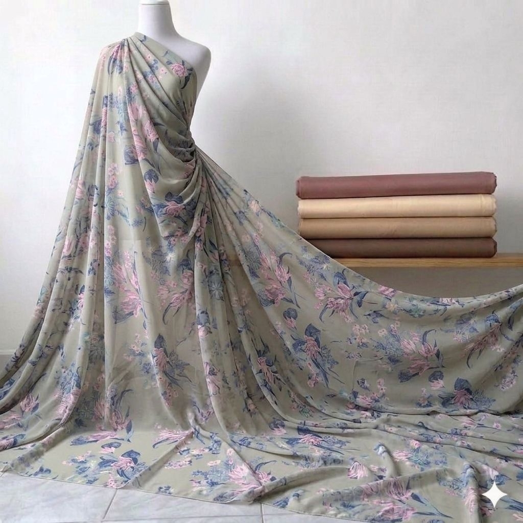 Kain Sifon Ceruty Motif Bunga Tulip Pastel - Bahan Gamis Hijab Dress Meteran - Ceruti Premium Flowy 