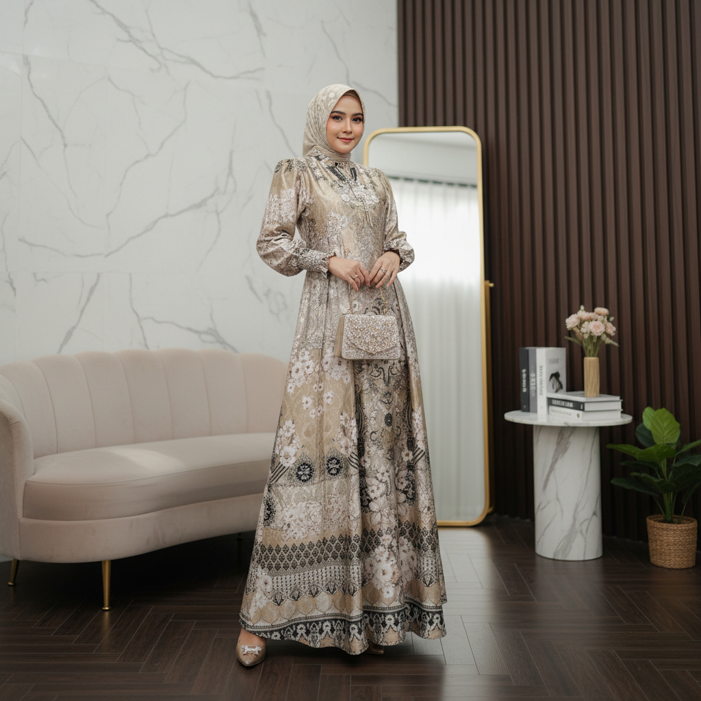 Wiroza.co - Dress Reyna Gamis Set HIjab Armani Silk Motif Sultan Elegan Trend Baju Kondangan Wanita