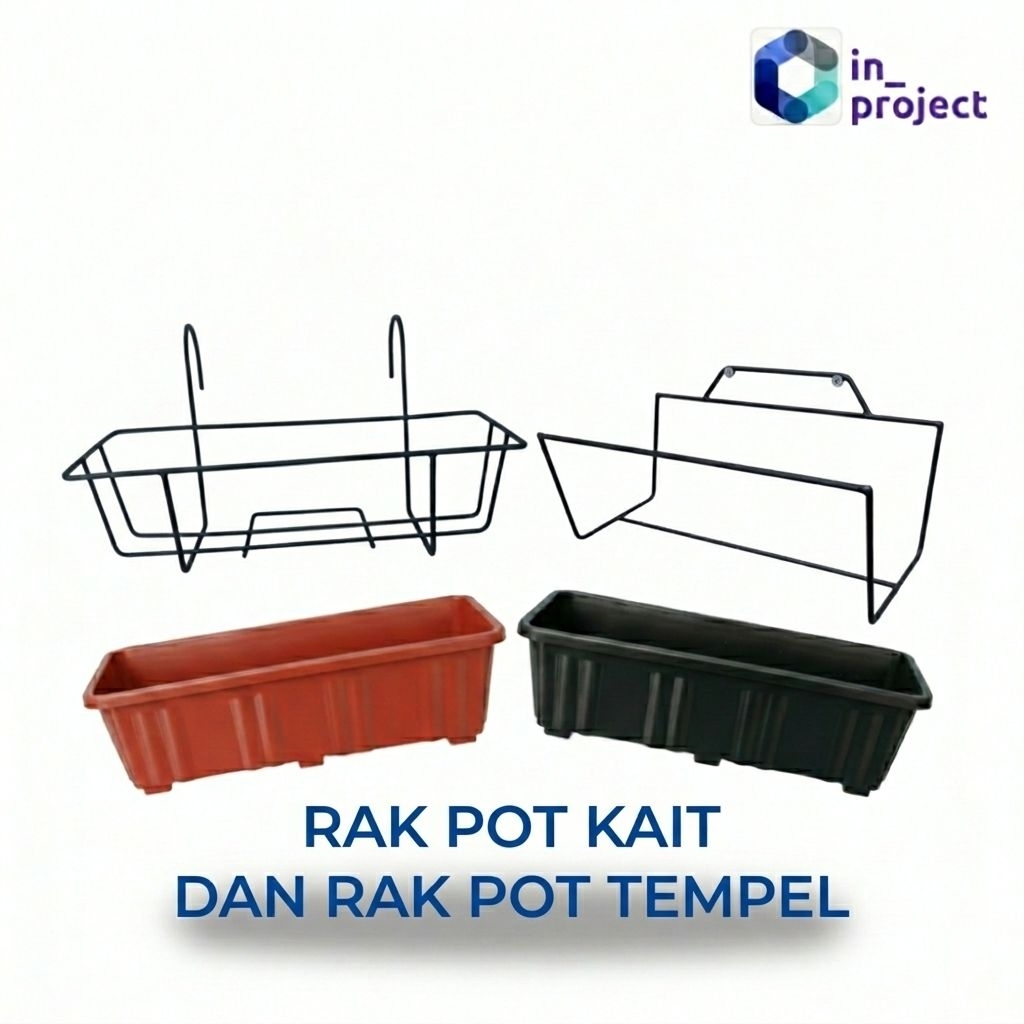 Rak Gantung Besi Untuk Pagar/Balkon dan rak pot tempel + Pot Panjang Ukuran 50 - Hitam+Pot Marun