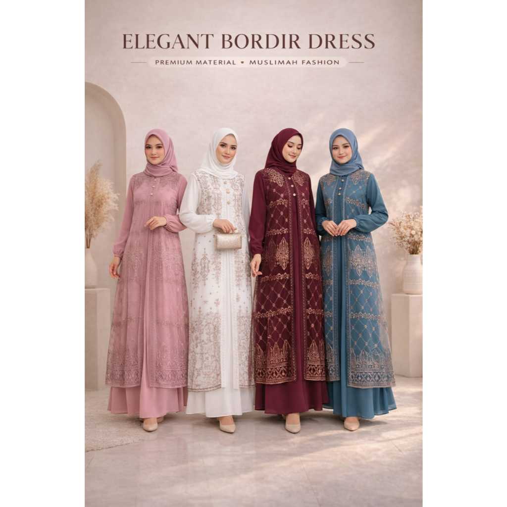 Set Dress Gamis Mewah 2 In1 Inner Brukat Outer Terbaru Gamis Lebaran 2026 Elegan Busui Friendly