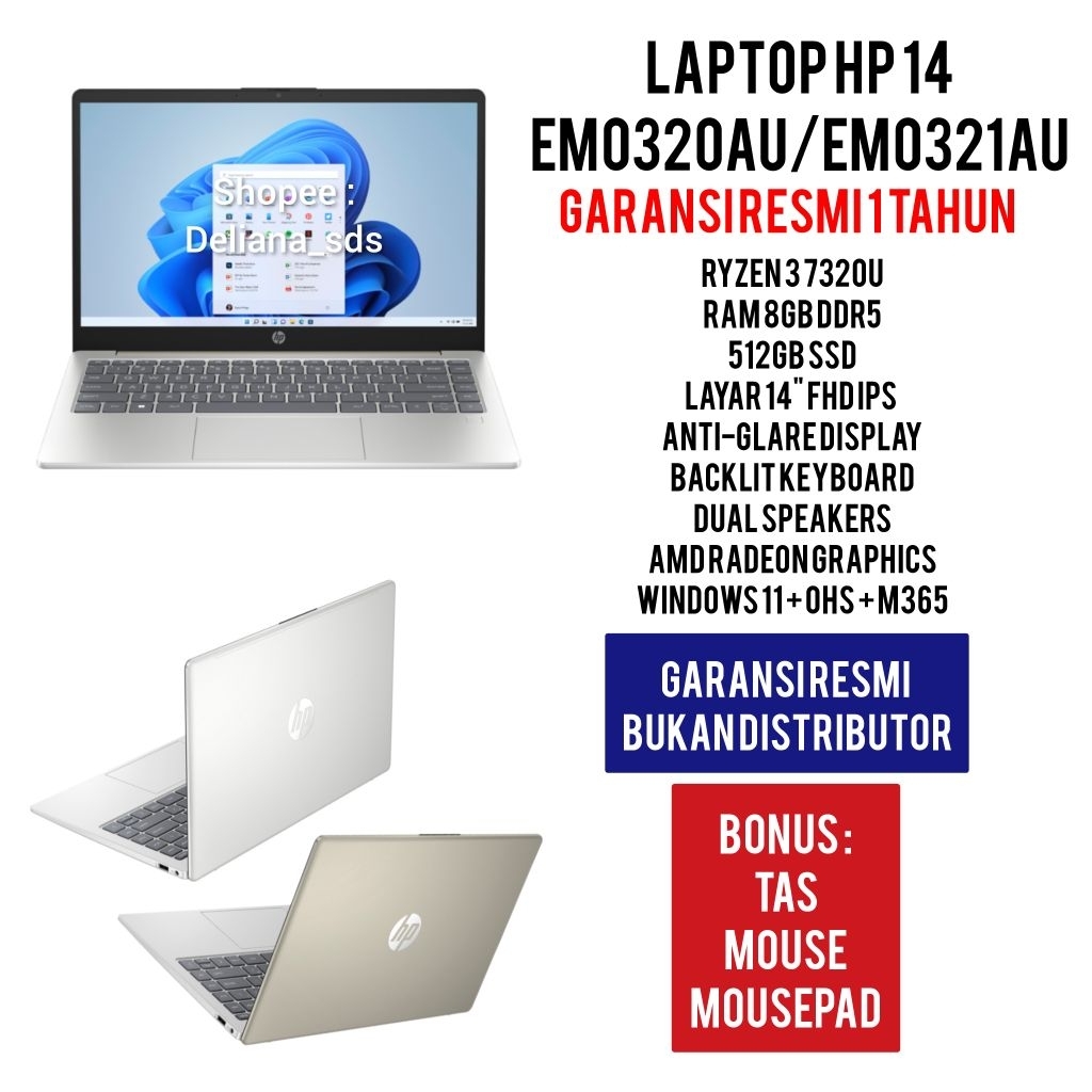 Laptop HP 14 Ryzen 3 7320U 8GB/512GB DDR5 14" FHD IPS Garansi Resmi 1 Tahun Laptop HP 14 EM0320AU La