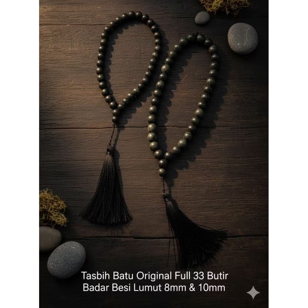 Tasbih batu akik 33 butir badar besi lumut /black jade original 8 dan 10mm