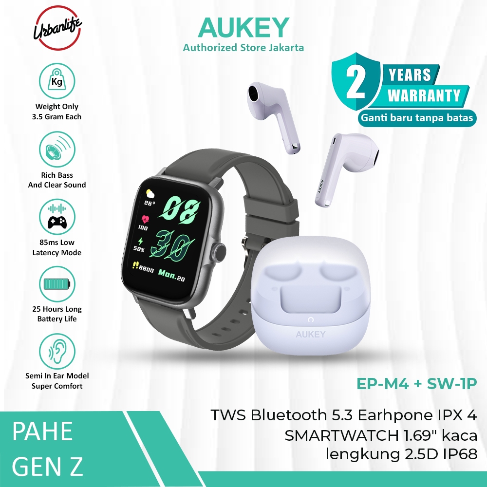 PAHE Paket Hemat AUKEY Untuk Gen Z TWS Bluetooth 5.3 Earhpone Tanpa Kabel + AUKEY SMARTWATCH 1.69" D