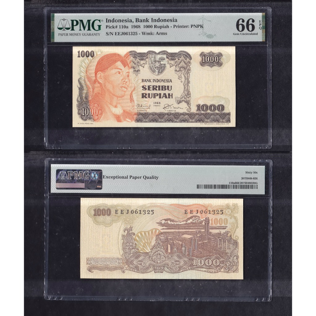 Uang kuno PMG 66 EPQ - 1000 Rupiah tahun 1968 Jendral Sudirman S/N EEJ061325