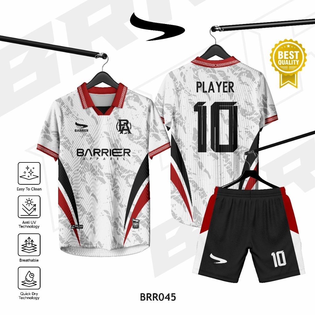 Jersey Custom Full Print Anti UV // Sepakbola // Futsal // Jersey Putih Merah Hitam