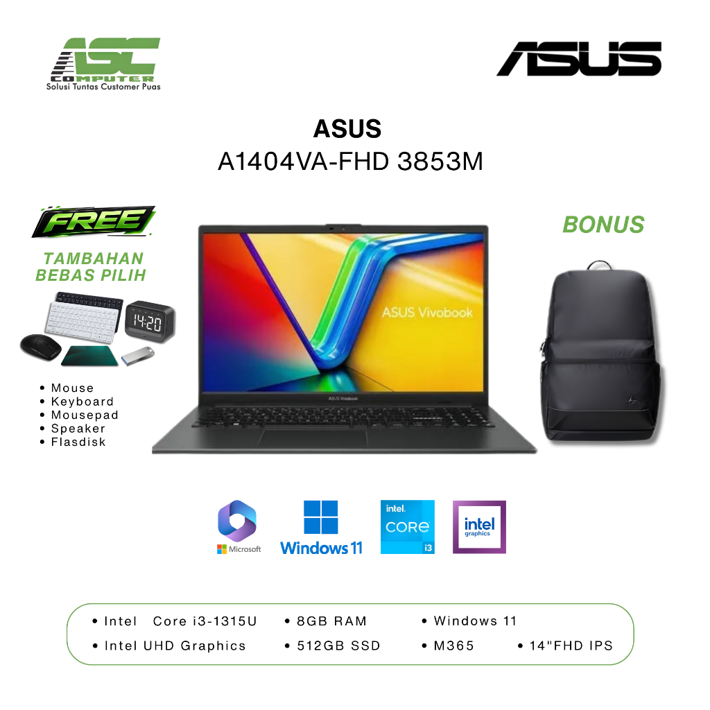 ASUS A1404VA-FHD3853M-CORE I3 1315U-MM 8GB-SSD 512B-14 INCH FHD-WIND 11 - LAPTOP MURAH - LAPTOP ASUS