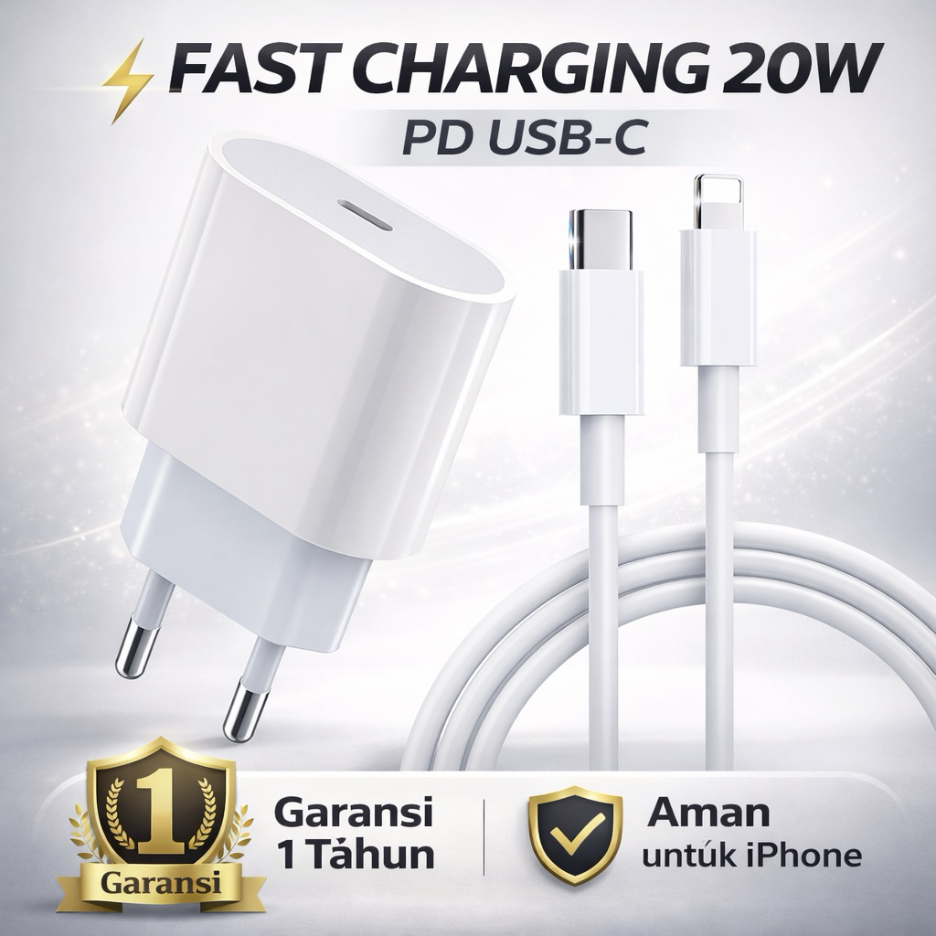 Charger iPhone 20W Fast Charging USB-C + Kabel Lightning | Cas Cepat PD Original Quality | Garansi