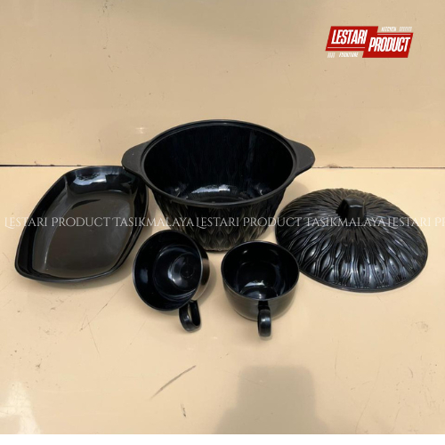 ( 4 IN 1 ) BASI CLIO HITAM TUTUP + PIRING SAJI HITAM ( FREE 2 CANGKIR LUNAR ) | WADAH SAYUR | TEMPAT