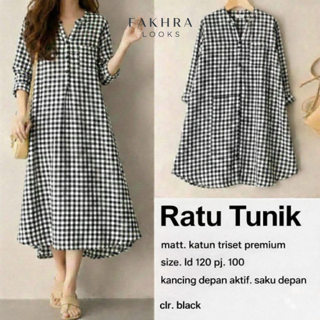 Ratu Tunik Wanita Katun Triset Premium Jumbo | Tunik Kotak Kotak Big Size Adem Nyaman Kekinian
