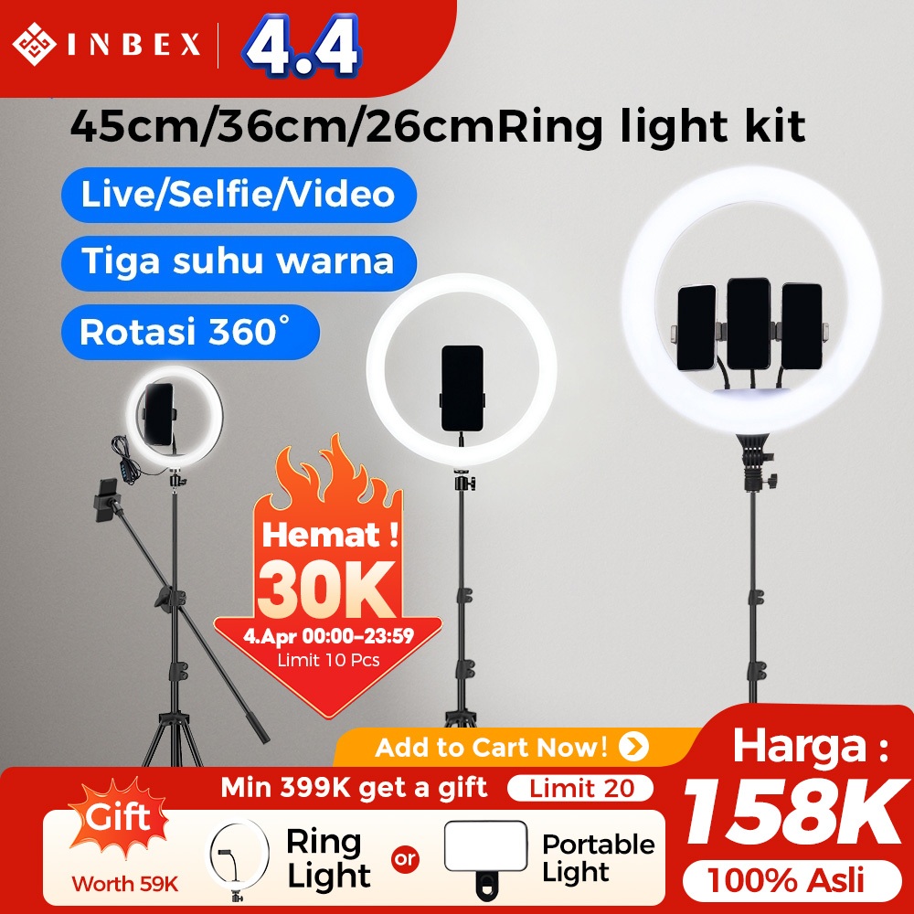 INBEX Ring Light Tripod Ukuran Besar 45cm/26cm Lampu Konten Kreator with 3 Holder HP Livestreaming L