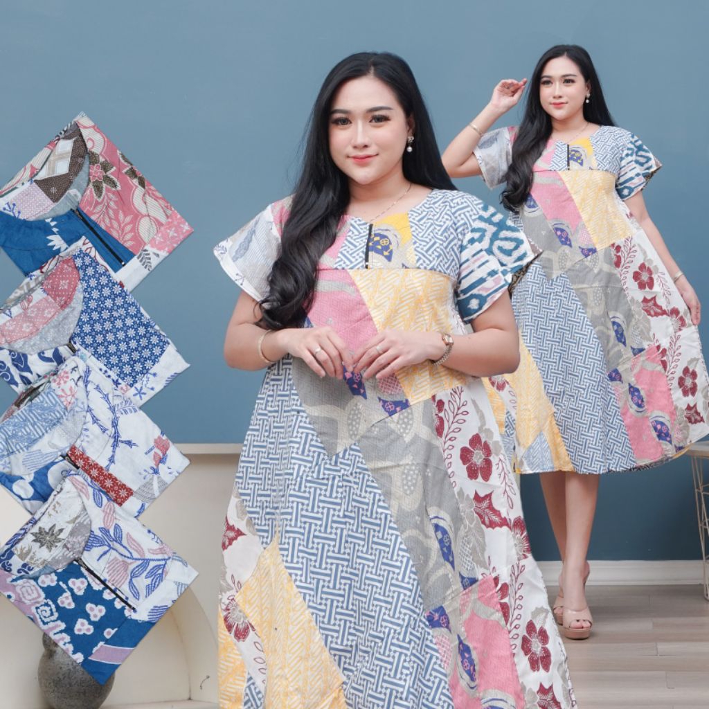 Daster Perca Katun Putih Batik Model Klok Busui Pakai Resleting - Jumbo - Wanita - Dress Daster Rema