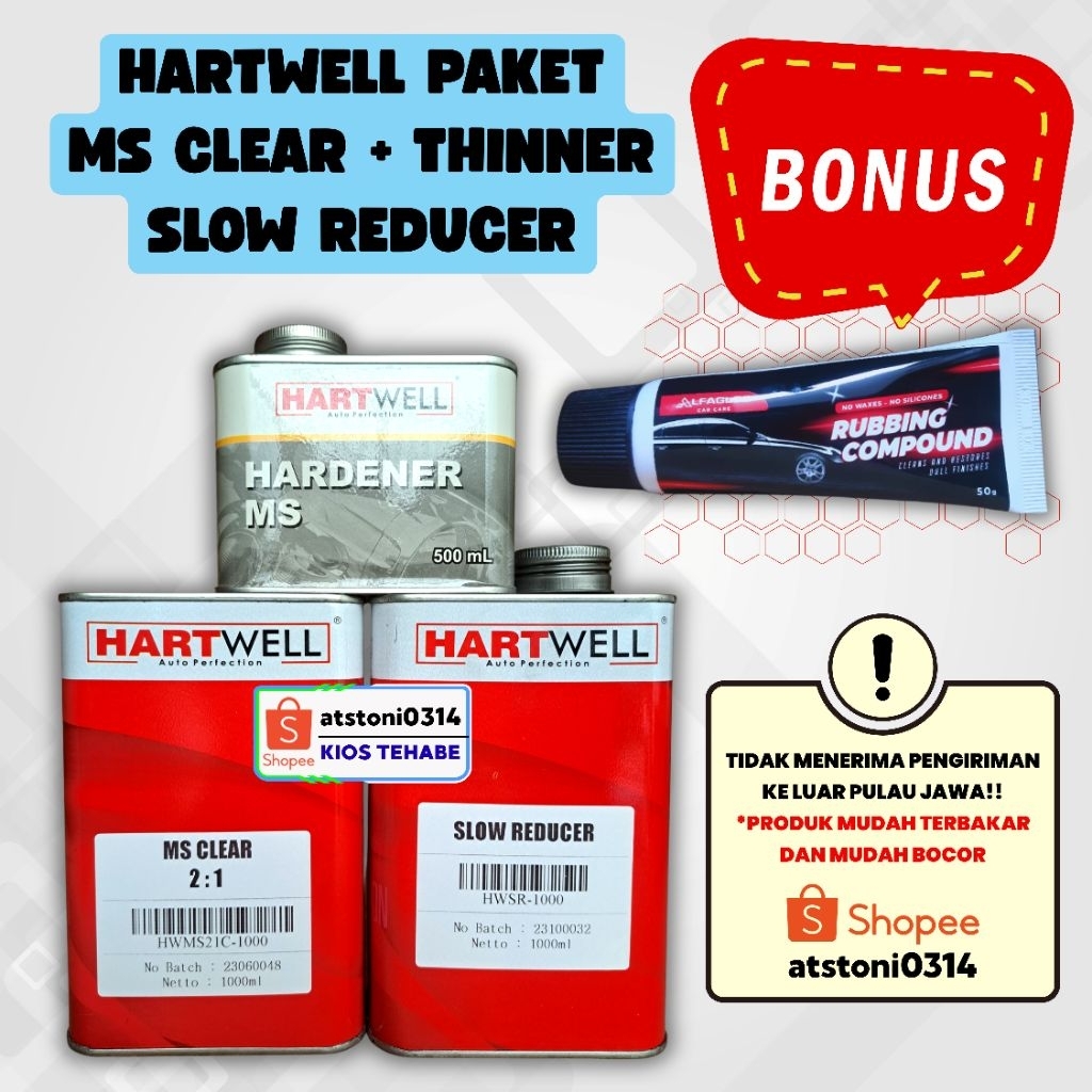 Hartwell Paket Clear Coating MS clear 2.1 + Thinner SLOW Reducer - Perawatan cat kendaraan mobil mot