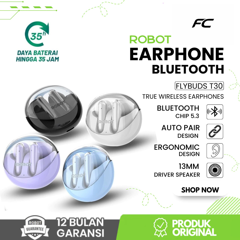 Wireless Earphone With Transparent Case Headset ROBOT Flybuds T30 TWS Bluetooth 5.3