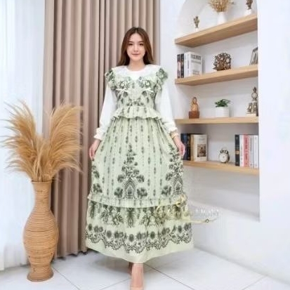 Long Dress Erni Matlisk Dress Wanita Lengan Panjang Motif Casual Elegant