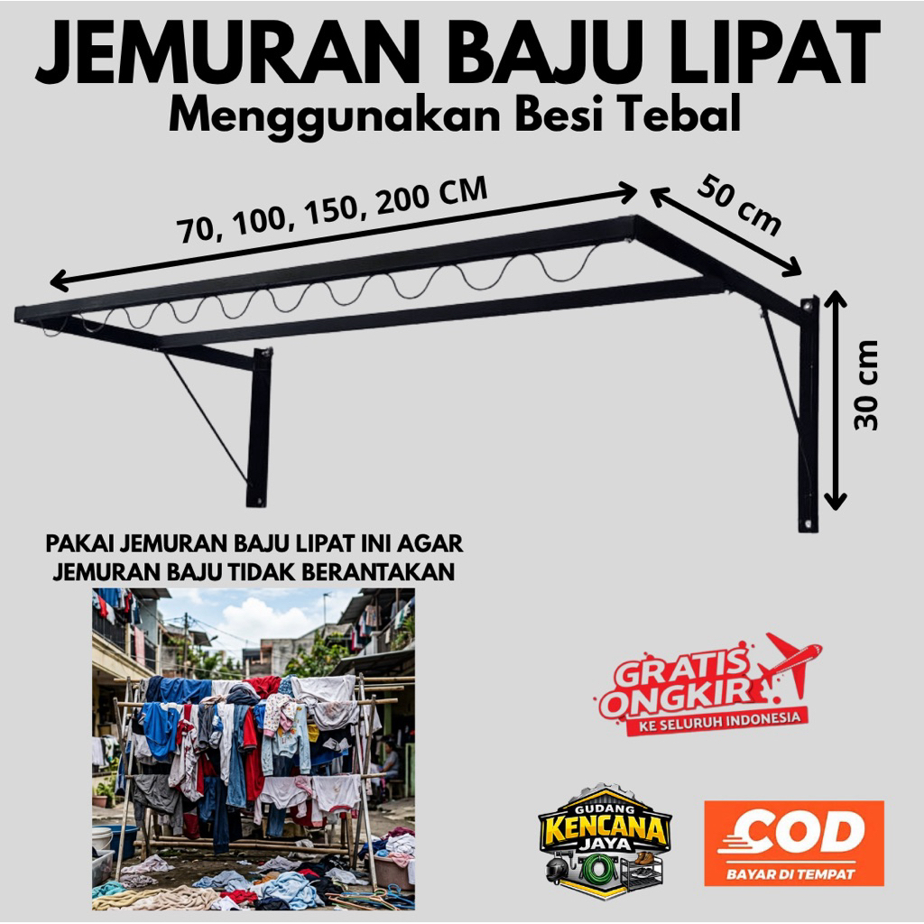 Jemuran Baju Lipat Dinding Besi Kuat Anti Karat | Jemuran Tempel Tembok Minimalis + Free Dynabolt