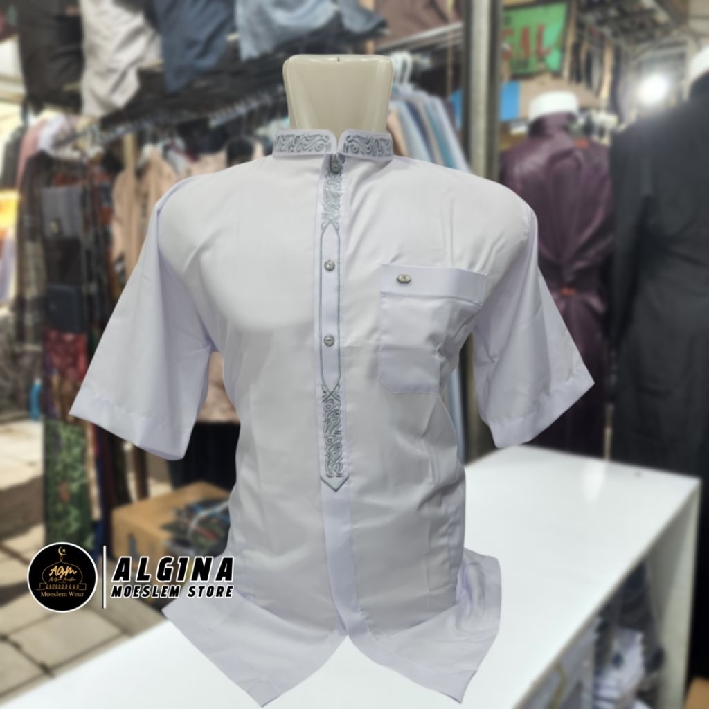 Koko Al Wafa Putih Bordir Lengan Pendek Kancing Thailand| Baju Muslim Lengan Pendek Al Wafa Premium 