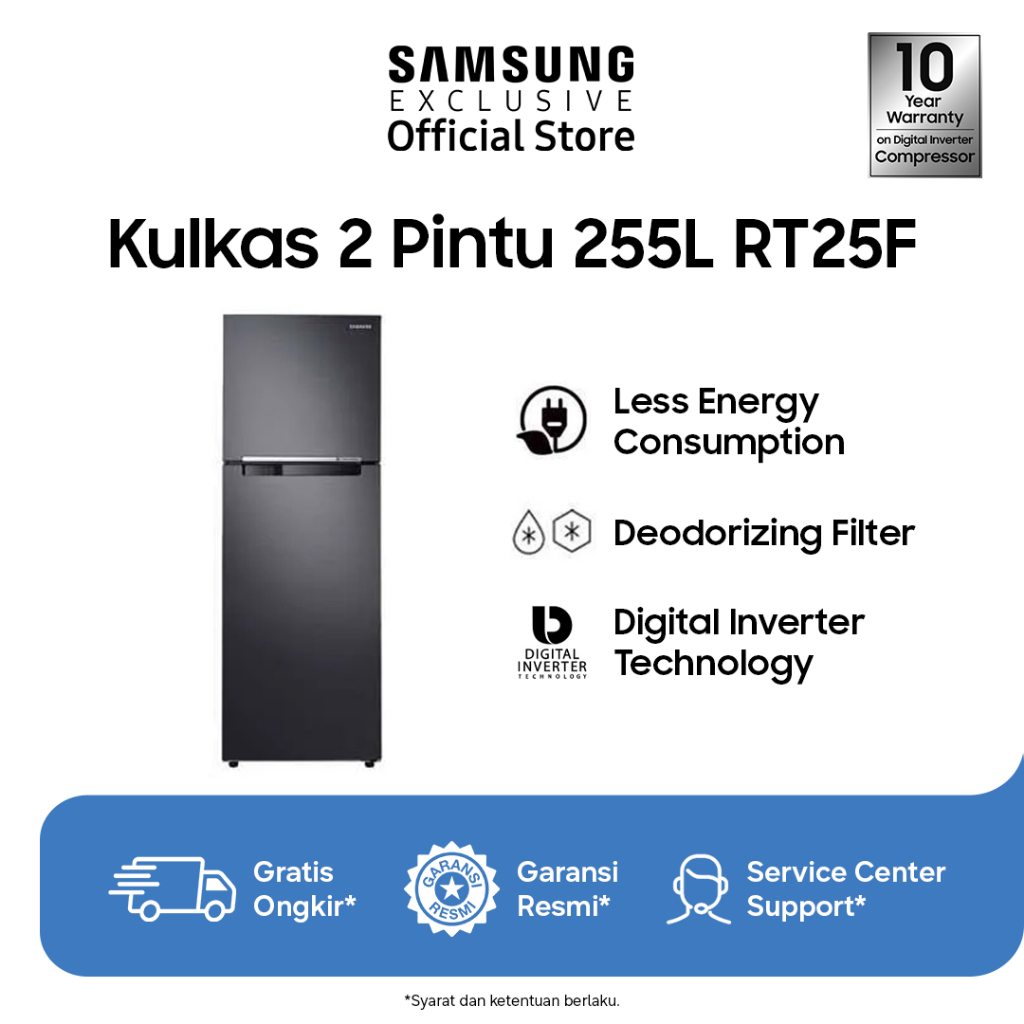 Samsung Kulkas 2 Pintu 255L | Digital Inverter Compression | Deodorizing Filter | RT25FARBDB1/SE