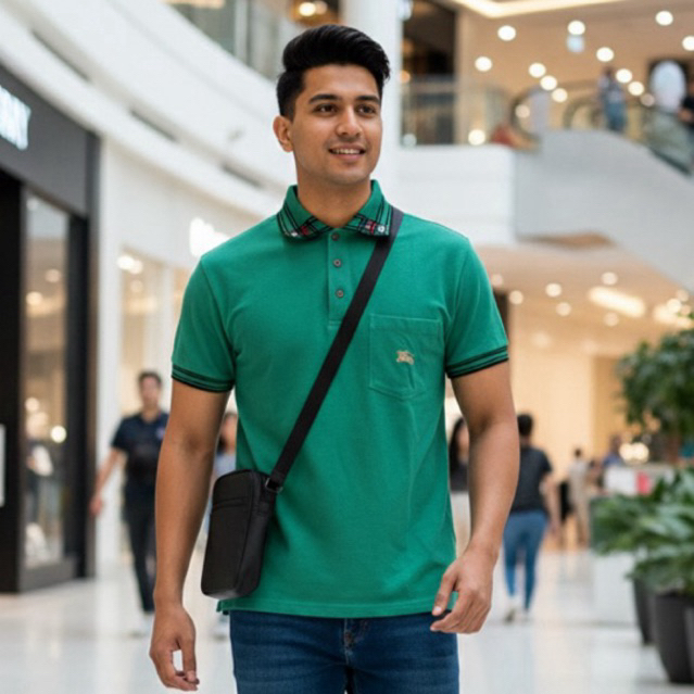 Kaos Pria Vintage Berkerah burberry Hijau Size L