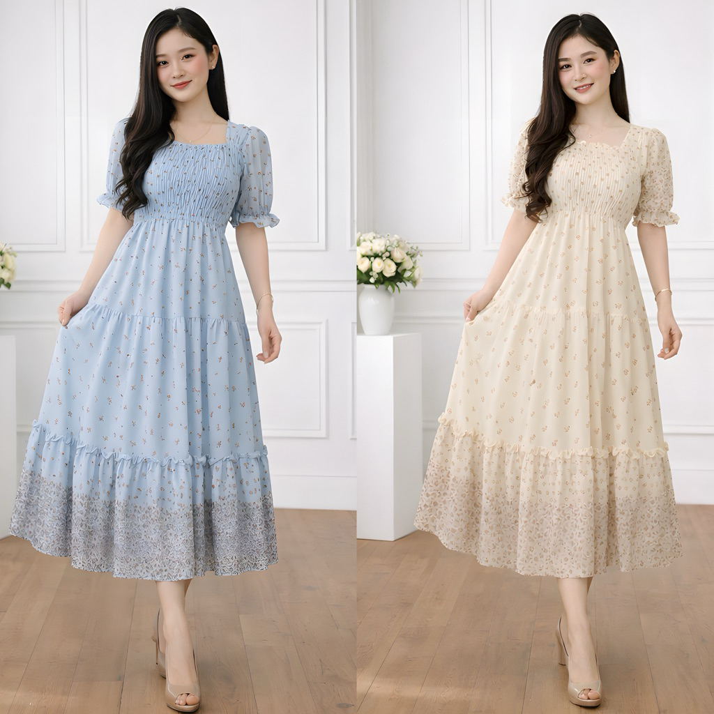 meganshoping - Flo Dress Ceruti Floral Bunga Korean Look Midi Lengan Balon Dress Vintage Fashion Wan