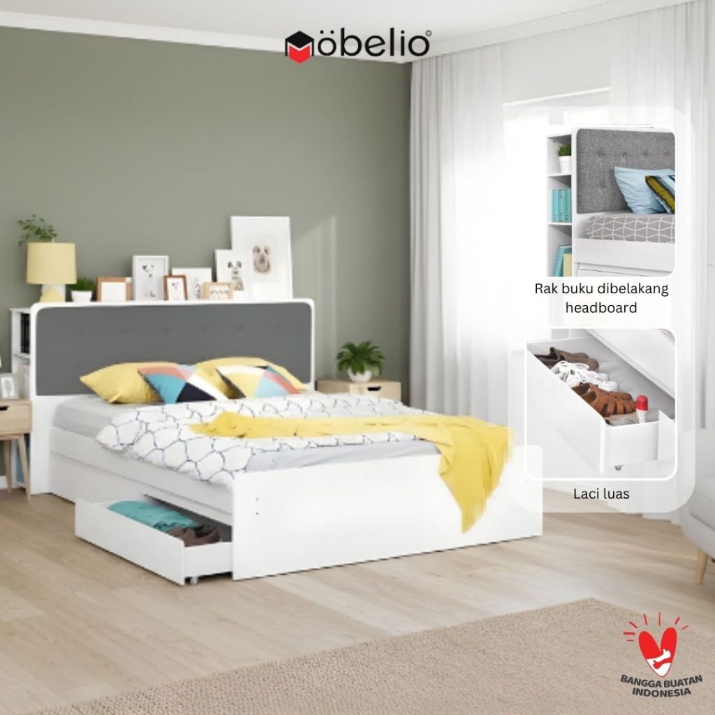 Ranjang Dipan Kayu Tempat Tidur Single Laci Rak Buku 120 / 160 / 180 x 200 Modern Minimalis Putih Ab
