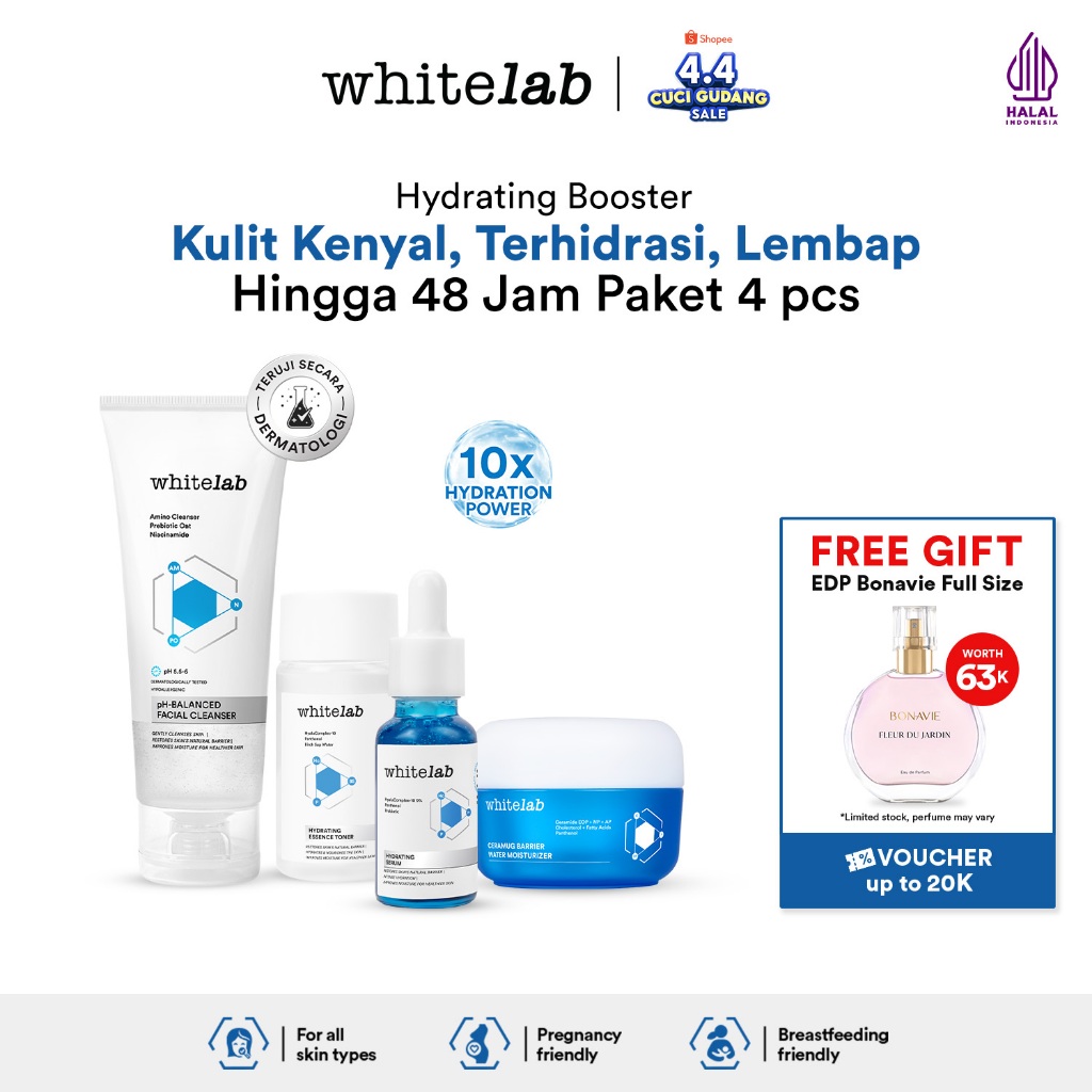 Whitelab Hydrating Series - Facial Cleanser, Essence Toner, Serum, Moisturizer, Sleeping Mask Paket 