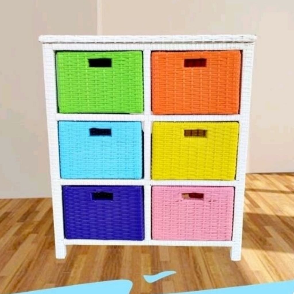 Lemari laci rotan sintetis motif estetik 6 susun