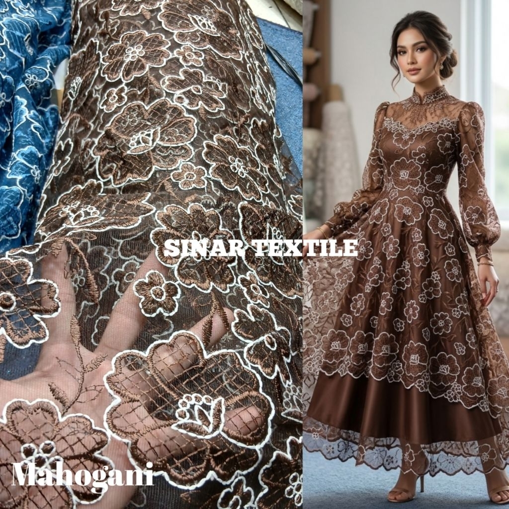 Kain tille bordir sunflower 3D premium kain tille kebaya wanita mewah