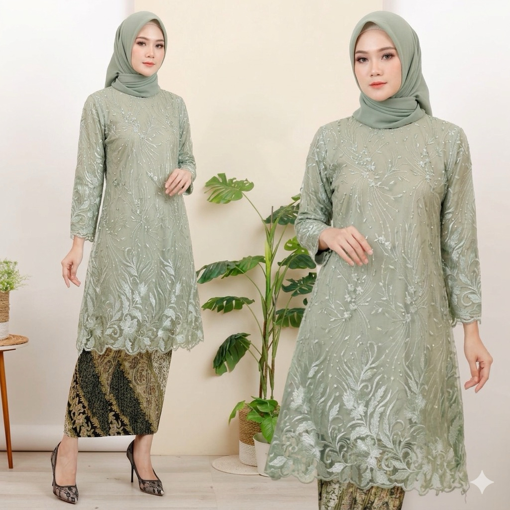 Dheefa - Setelan Kebaya Modern Tunik Melayu Atasan Tile Brokat Kondangan Terbaru -Baju Kebaya Pesta 