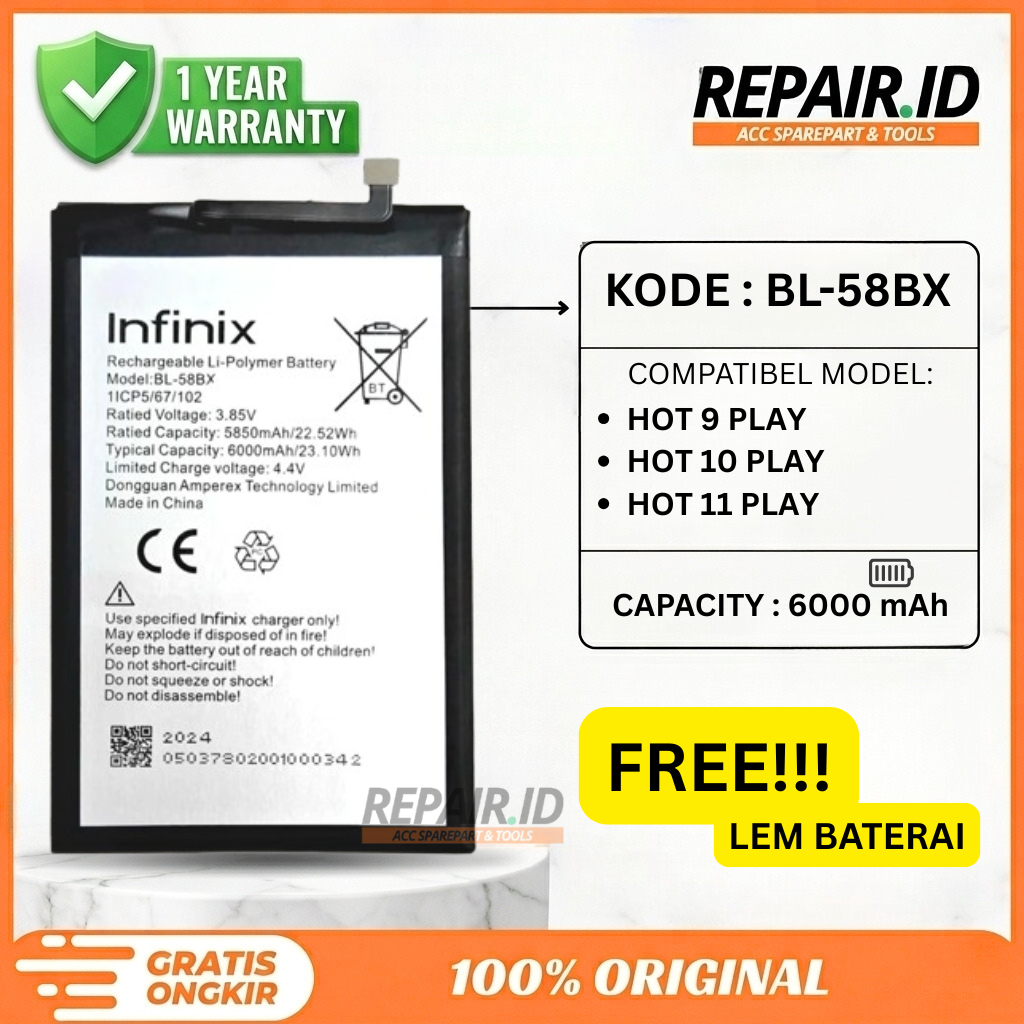 BATERAI BL-58BX / INFINIX HOT 9 PLAY X680 / HOT 10 PLAY X688 / HOT 11 PLAY X688B / 6000 mAh - Packin