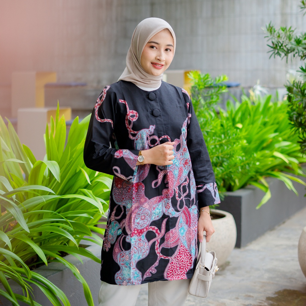 Linggayoni Tunik Batik Lapis Furing Trikot Batik Wanita Modern Batik Kerja Kantor Wanita Motif Tali 