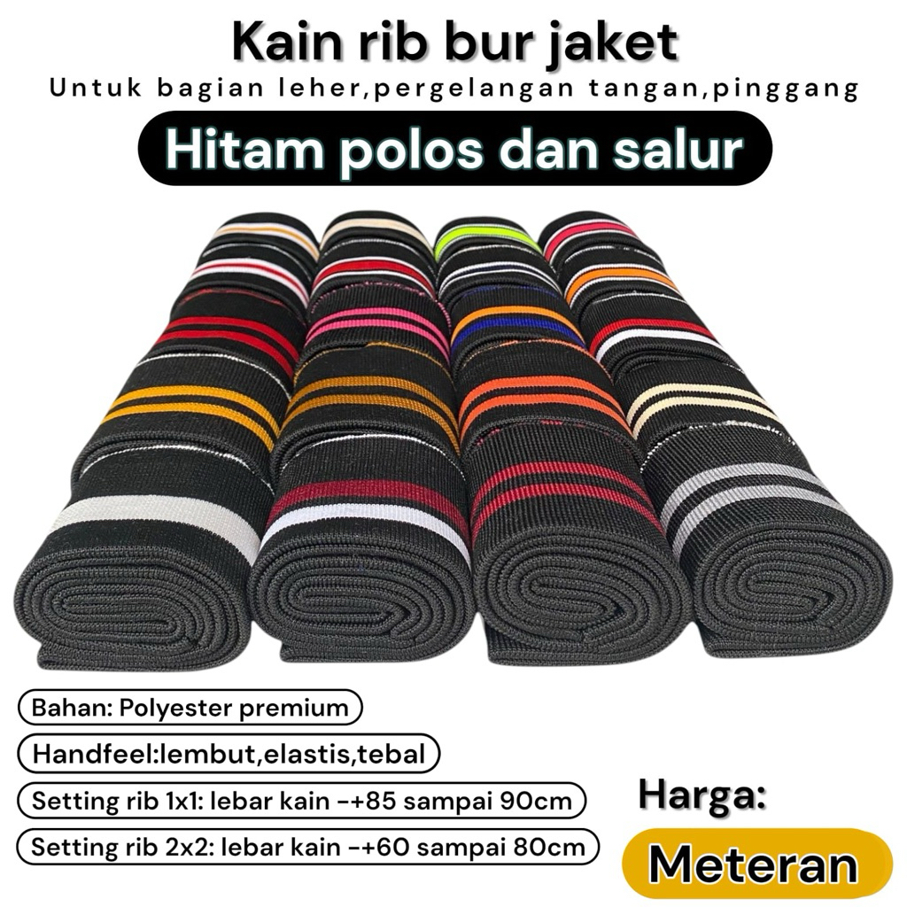 KAIN RIB BUR JAKET PREMIUM WARNA HITAM POLOS DAN SALUR TEBAL MURAH PER METER